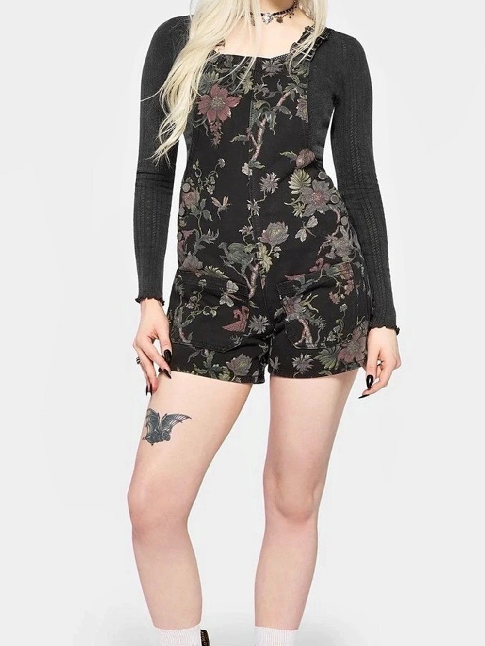 Disturbia Poison Eden Floral Print Dungaree Shorts Overalls